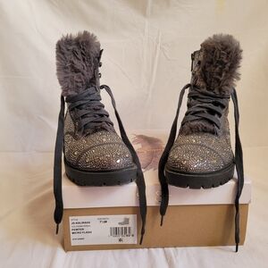 Jessica Simpson Glittery Pewter Combat Boots with Faux Fur 7.5 M